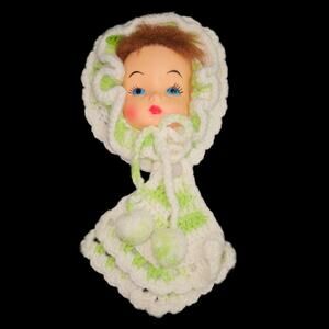 Vintage Crochet Doll Head Towel Holder Hot Pad Set Green White Bonnet Girl 3pc